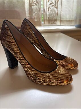 J. Crew Factory Gold Sequin Block Heel Pumps with Black Heel